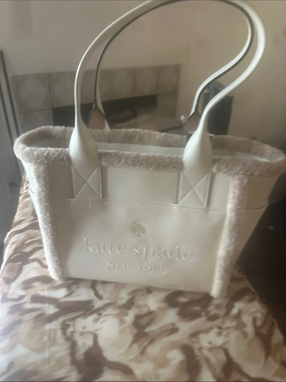 kate spade Cream Tote with Plush Trim
